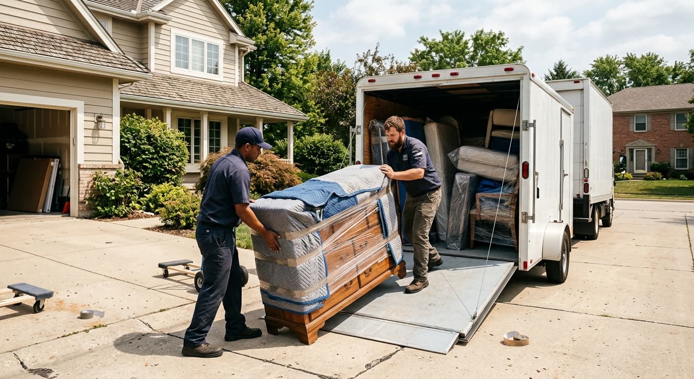 Movers loading wrapped furniture into a truck and trailer for a long distance move in Lakewood